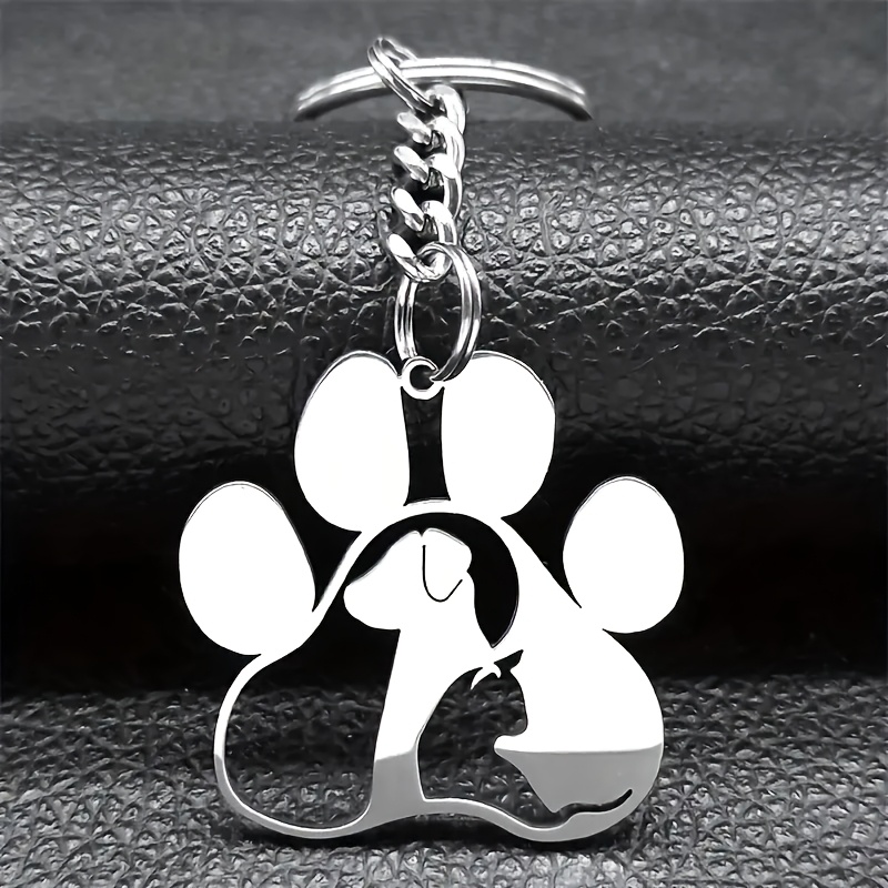 Image of Stainless & Cat Paw Keychain - Animal Print Charm, Spiral , Decorative Ladies Key Ring, Ideal Valentine's Day Gift, Fashion Accessory