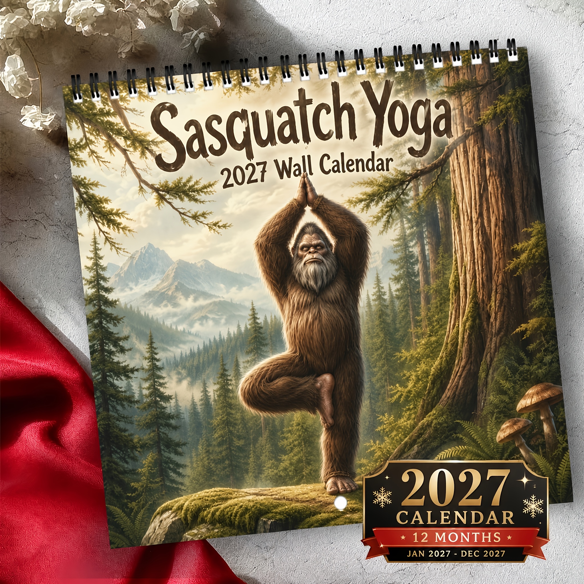 TEMU 2027 Planner Calendar 2027 Sasquatch Yoga Wall Calendar, Monthly Planner, 12-month Organizer, Twin-wire Spiral Binding, Aesthetic Wall Decor,