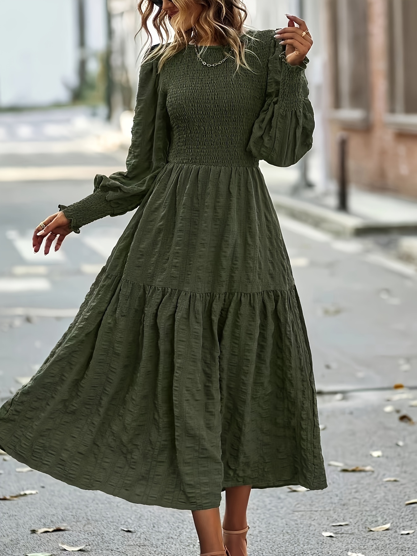 Women Wool Dress Long Sleeve Midi Dress Autumn Winter Dress Green