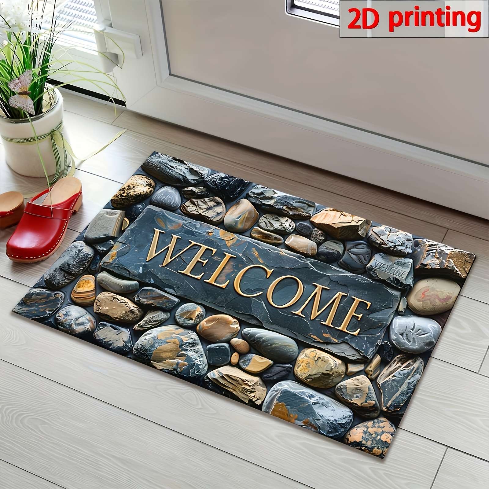 TEMU 2d Flat 1pc Elegant Welcome Pebble Design Doormat, Rectangular Carpet, Stone Pattern, Machine Washable Rug, Suitable For Entrance, Living Room,