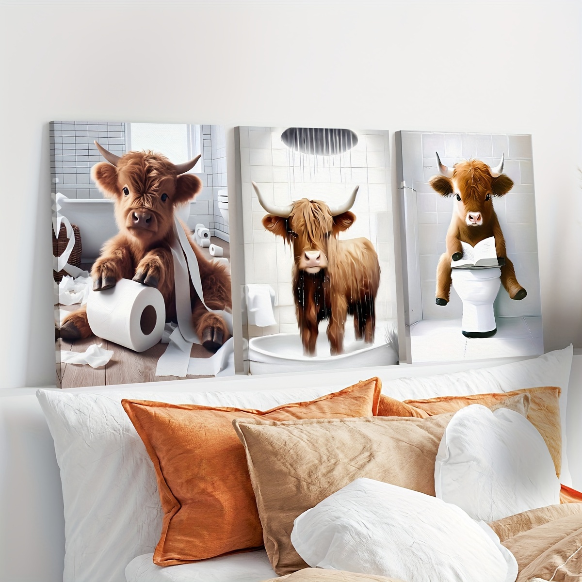 

3pcs Unframed Scottish Highland Cow Funny Bathroom Print Canvas Poster, Farm Animal Humor, Whimsical Highland Gift, Wall Canvas Art, Animal Art