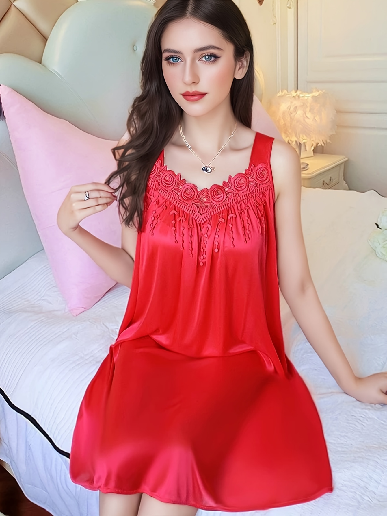 Plus Size Women's Sexy Sleeveless Spaghetti Strap Sleep Dress - Lightweight Ice Sliky Fiber Mid-Length Nightgown, Vibrant Red Non-See-Through Summer Pajama & Lounge Wear