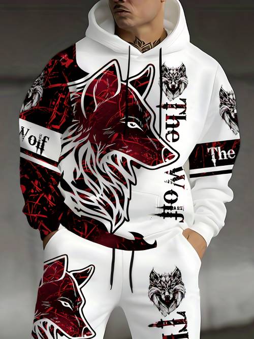 mens 3d wolf print hoodie sweatpants set cozy fall winter casual sportswear with pockets red animal graphic regular season outdoor activities wolf hoodie able clothing vintage style durable fabric