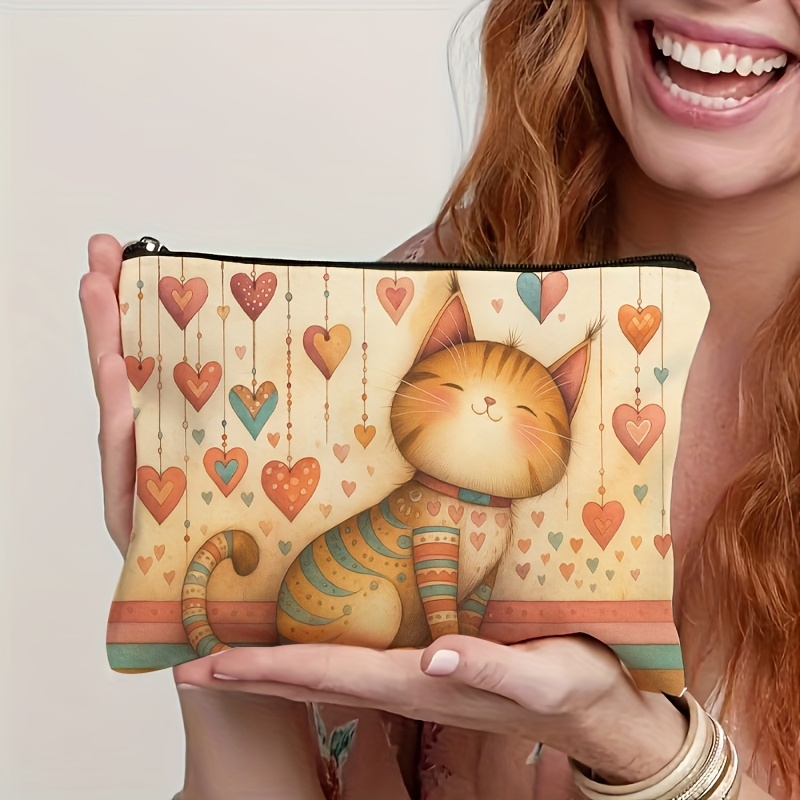 TEMU 1 Neceser de maquillaje de moda, con estampado de gato de dibujos animados, y plegable para viaje y para guardar artículos de - para mujeres,