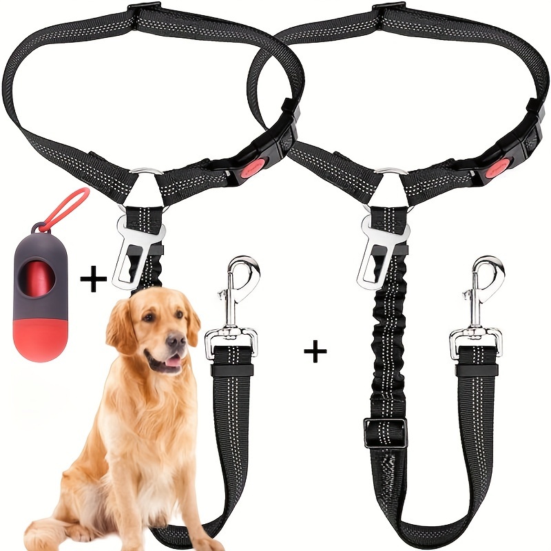 

2-pack Adjustable Dog Car Seat Belts, Reflective Pet Safety Harness With Elastic Bungee Buffer, Dual-headed Escape-proof, Includes Portable Pet Waste Bag Dispenser, 27.56 Inches Length