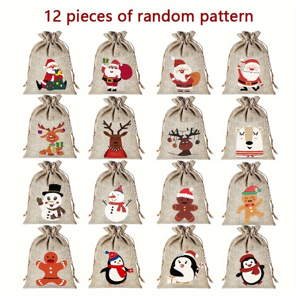 

12pcs Christmas Burlap Gift Bags With Drawstring - Assorted Patterns, Holiday Presents & Party Favors