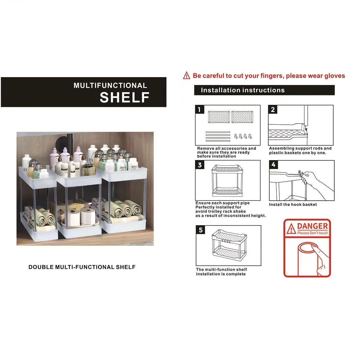 Organizer Estraibile Per Sotto Lavello LAMU, 2 Pezzi, A L, Metallo, 41x32x40 Cm, Ripiano Regolabile Per Bagno E Cucina - 3