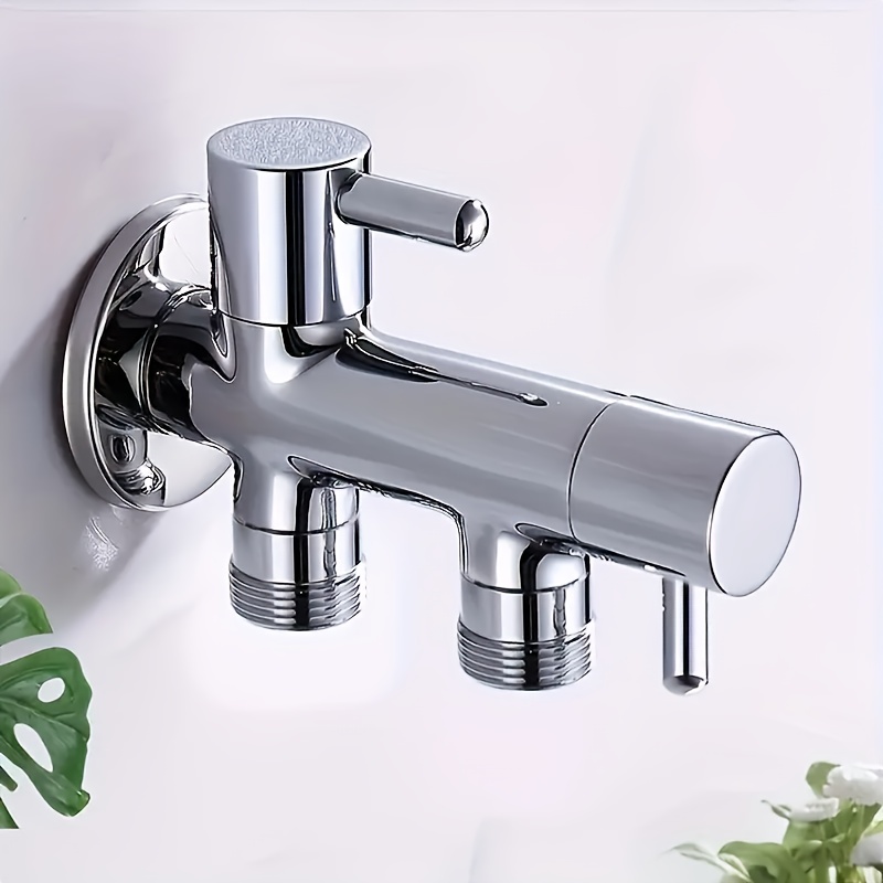 Image of Dual Outlet Valve With Dual Switch Control - Chrome Plated Metal Washing Machine Angle Valve, G1/2 Thread Suitable /european , Durable Household And Laundry Faucet Additions