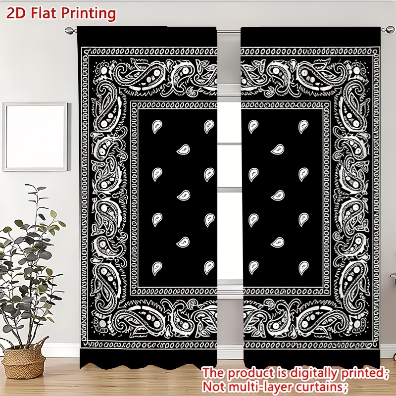 TEMU 2d Flat, 2d Printed Curtains, 2pcs, And White Paisley Design With Intricate Border Patterns, Ideal For Living Rooms, Bedrooms, Weddings, Outdoor