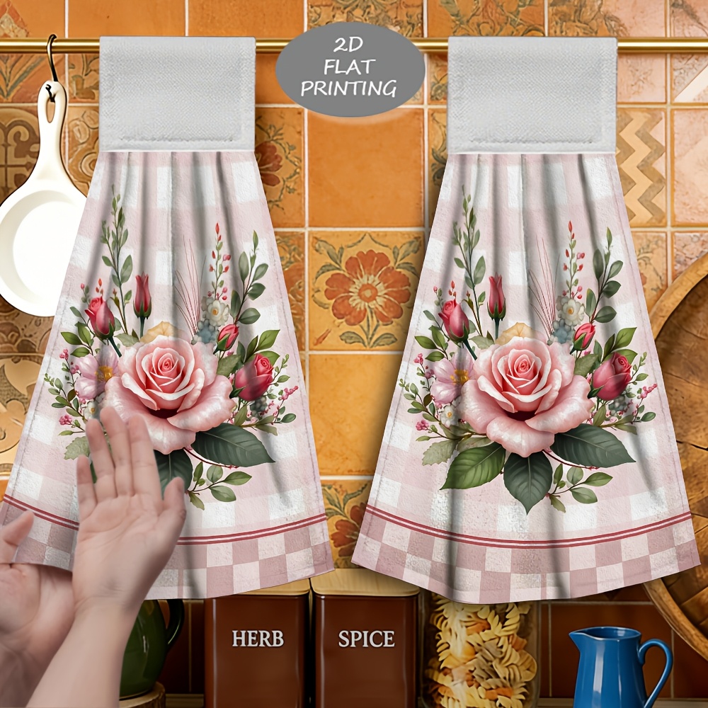 TEMU 2pcs Serviette à main suspendue avec motif roses, serviette à vaisselle de cuisine, microfibre douce, fabrication , confortable et douce pour ,