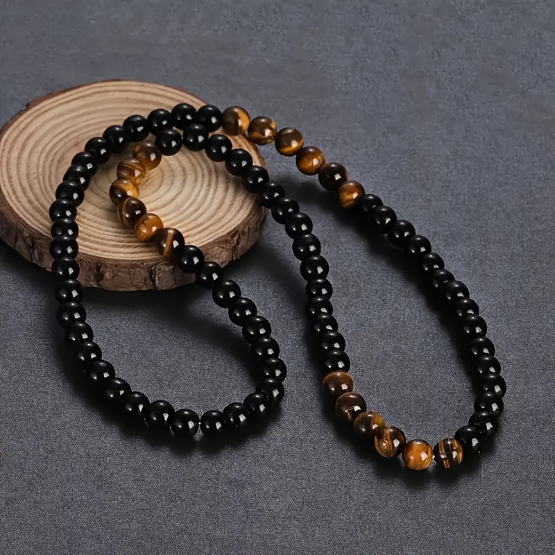Bohemian Style Men's Necklace - Elastic Bead Strand, Simple And Fashionable For Casual Attire, Unisex Design With Natural Stone Beads, Versatile Accessory