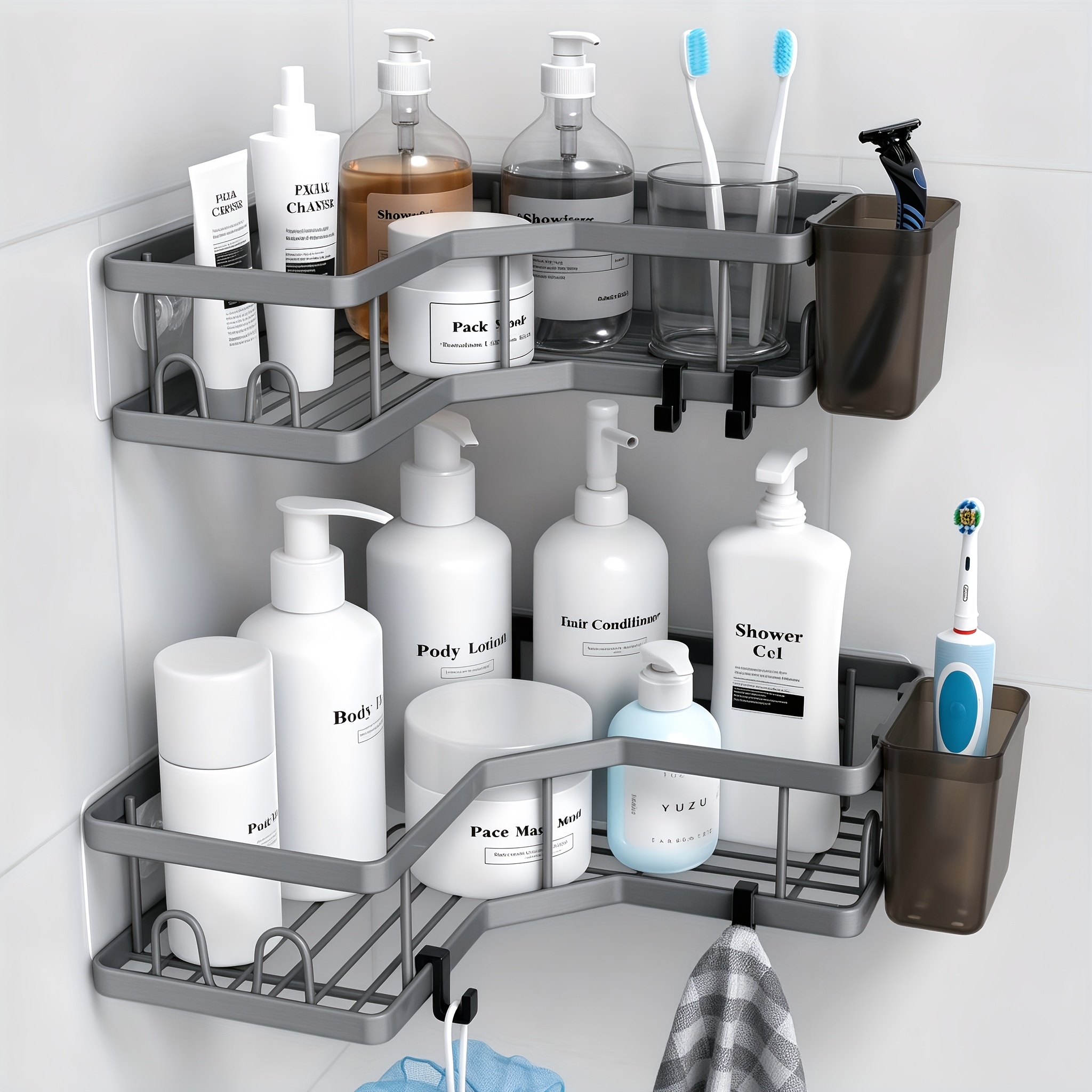 Image of Corner Shower Caddy, 2 Pack Adhesive Shower Corner Organizer Shelves, No Drilling Stainless Steel Shower Storage Rack With Hooks&toothpaste Holder For Bathroom, Dorm And Kitchen, Shower Caddies
