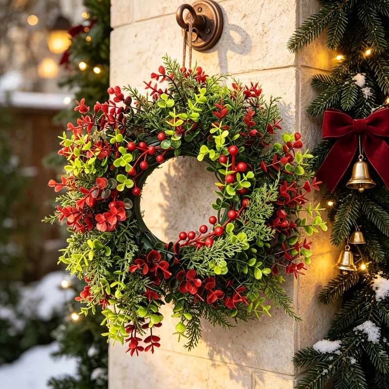 TEMU 1pc Luxurious Artificial Wreath With Red Berries, High-quality Durable Plastic Material, Maintenance-free, Suitable For Thanksgiving, Christmas,