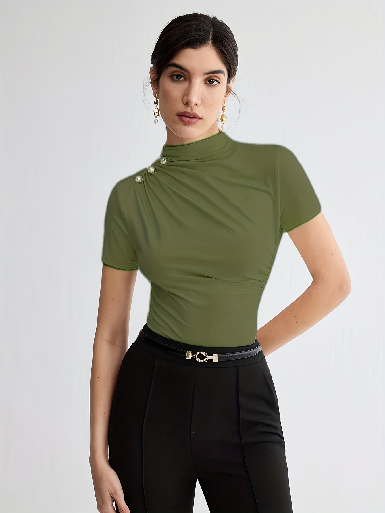 Elegant Short-Sleeve Button-Front T-Shirt - Solid Color Summer Blouse, Button- Shoulder Placket, Machine Washable Casual & Semi-Formal Wear, Versatile Solid Color Top for Everyday or Special Occasions
