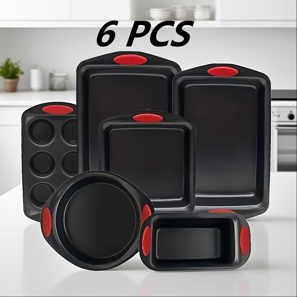 TEMU 6pcs Baking Sheet Set, Carbon Steel Baking Sheet Set, Silicone Handle, Stackable Kitchen Oven Set, Cookie Sheet, Baking Sheet, Baking Sheet Set,