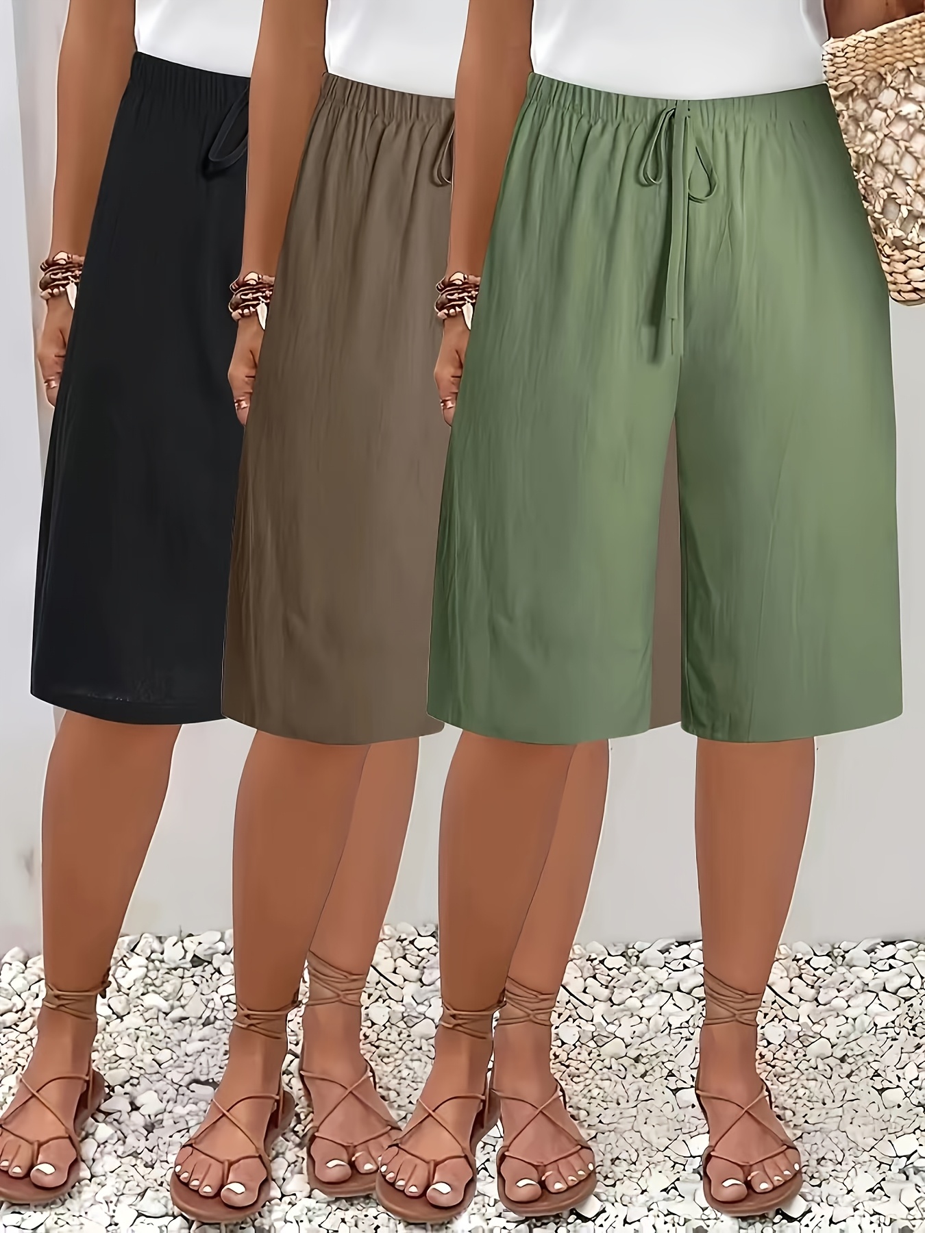 3pcs womens high waisted wide leg casual shorts with   drawstring waist   thigh length non stretch fabric solid colors   olive for spring summer fall machine washable high waisted shorts army green   0