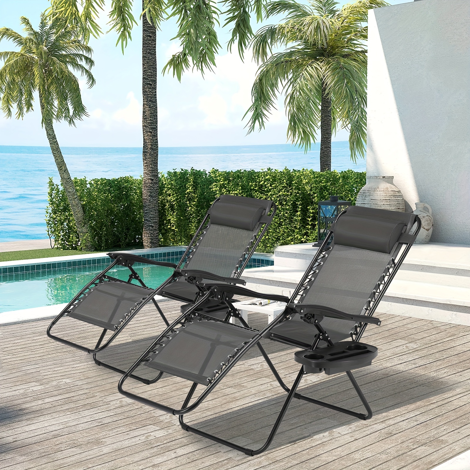 

Patio Conversation Collection, Set Of 2 0 Gravity Lounge Chairs Or 1 Piece Uv Proof Umbrella, Ergonomic Adjustable Lying Angle Sturdy Steel & Mesh Support