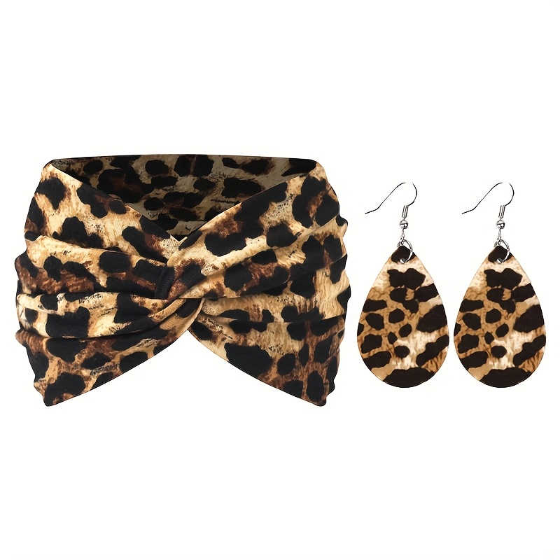 E-shop 2 Stück/Set: 1 Haarband + 1 Paar Ohrringe, Breites Leopardenmuster, Farbenfrohes Damen-Haarband Ohrringe Set für den täglichen Gebrauch