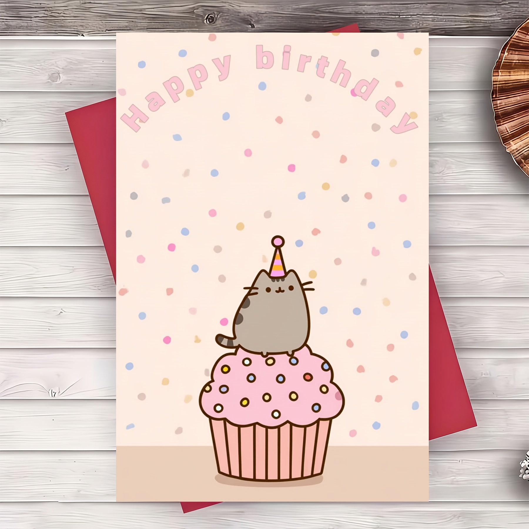 TEMU 1pc Cup-shaped Cake Fat Cat Colored Paper Easy Birthday Card, Soft Cute Cartoon Layout, Unisex Casual Daily Birthday Card, With Envelope