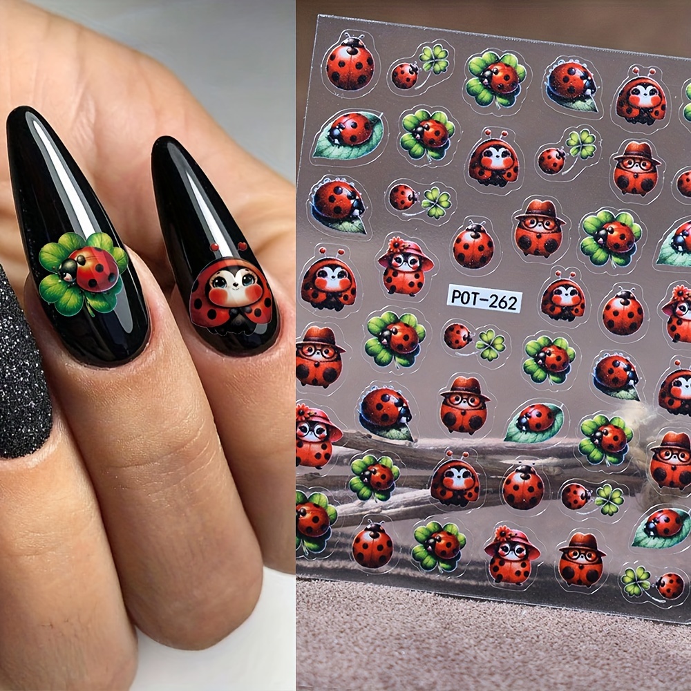 

2pcs/set, Embossed Cartoon Nail Art Stickers, Cute Flower Ladybugs And Leaf Ladybugs, Art Stickers, Diy Or Nail Salon, Non-woven Nail Art Supplies For Women And Girls