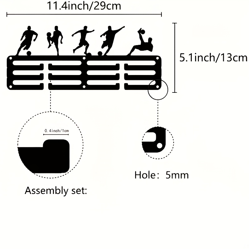 Image of Wall Mounted Medal Hanger Display Rack, Black Medal Holder For Sports, Soccer, Gymnastics, Swimming, Competition Badges, Multi-functional Hooks, 28.96x12.95cm
