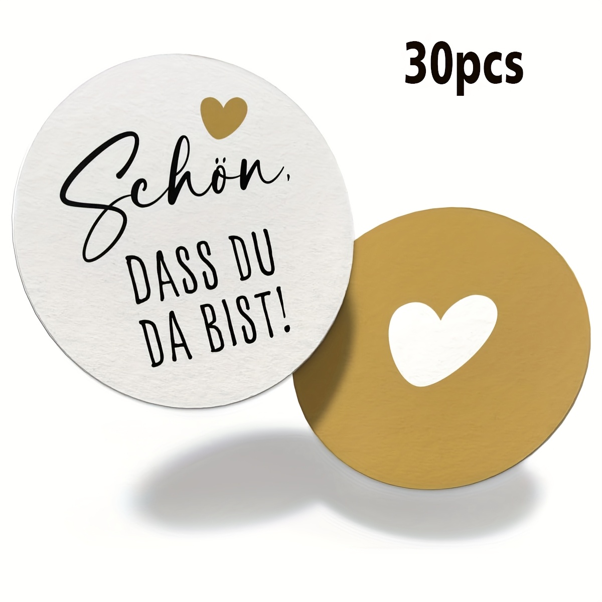 30-pack German Beer Coasters, [schön Dass Du Da Bist] Double-sided Design, 10cm Diameter | Round Glass Coasters | Suitable For Weddings, Baptisms & Events Table Decor!