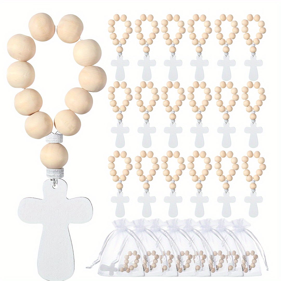 

6/12pcs, Wooden Rosary Wood Bulk Catholic With Wooden Cross Pendant With White Mesh Bags For Baptism First Communion Baby Shower Gift