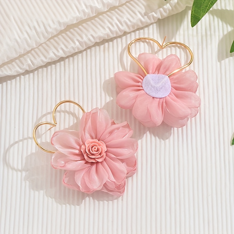 Pink Floral Heart Frame Earrings for Women