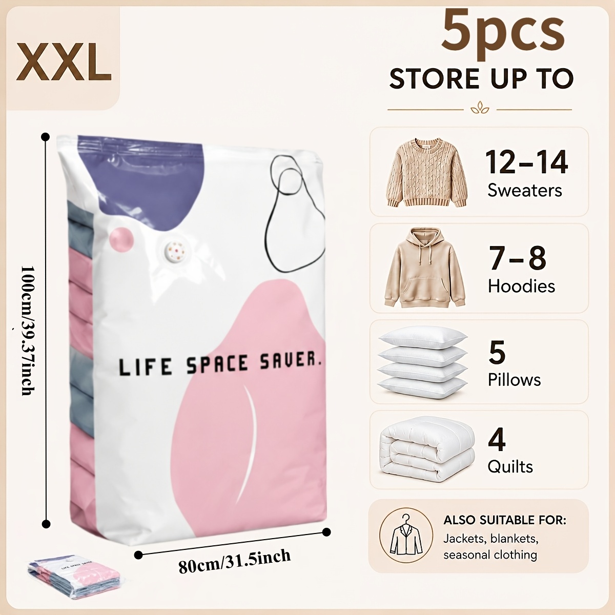 TEMU 5 sacchetti sottovuoto resistenti, non richiedono pompa, salvaspazio, con chiusura a pressione, adatti per vestiti, coperte, viaggi, traslochi e