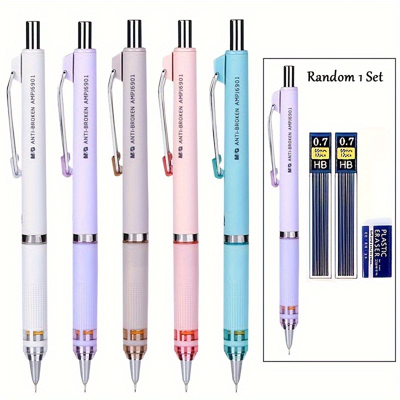 

4pcs 1 Pencil 2 Boxes Of Eraser Heavy Low Automatic Pencil 0.5&0.7mm360 Anti-break Automatic Pencil For Student Writing, Painting And Sketching, Office Drawing, Suitable For Over 14 Years Old