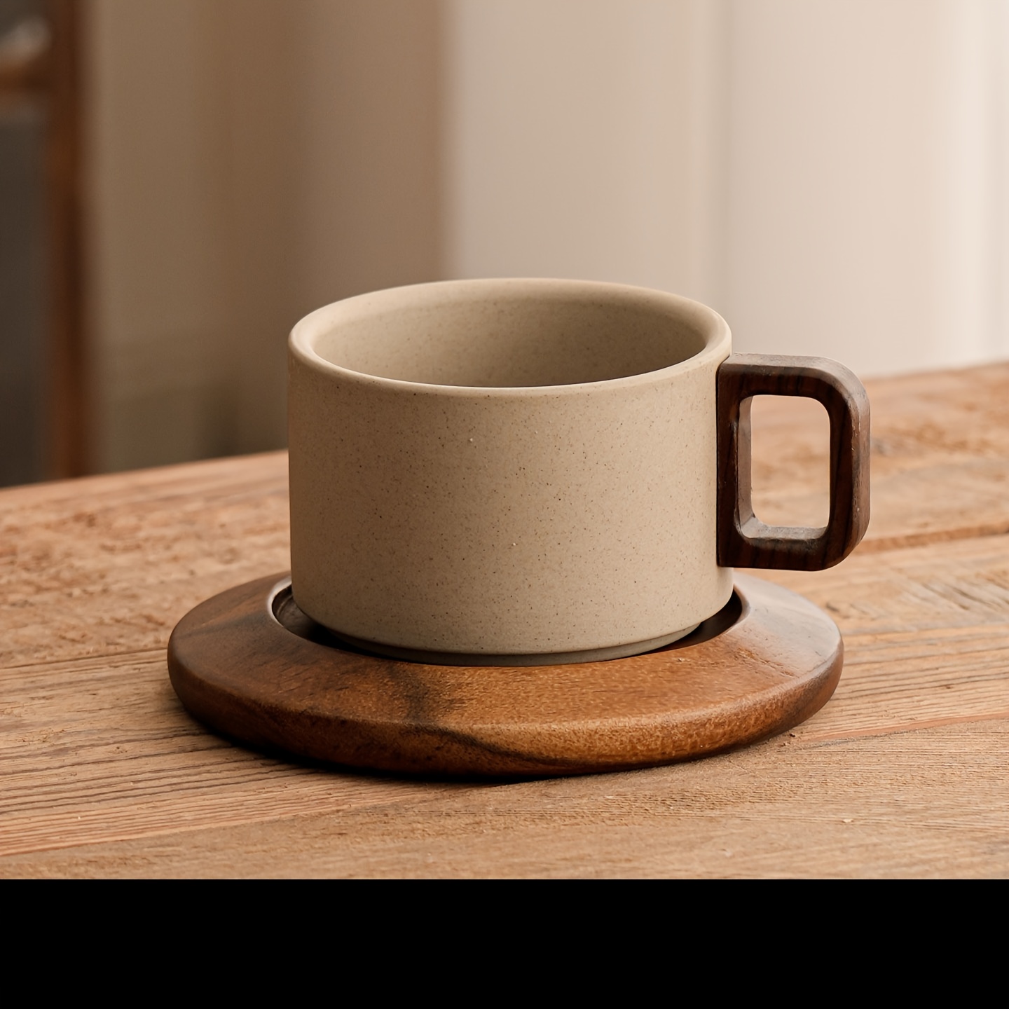 Image of 1 Set 250ml Vintage Ceramic Coffee Cup With Handle And Wooden Plate, Classic Straight Design, Heat-resistant Handmade Coffee Cup, Wide Mouth Cup, Suitable For Teacup, Ideal For Home, Cafe And Gifting