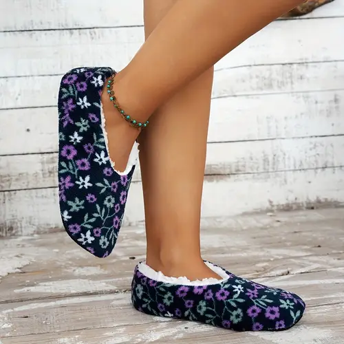 unisex winter plush fleece slip on slippers with floral pattern soft fabric indoor house shoes warm for men women