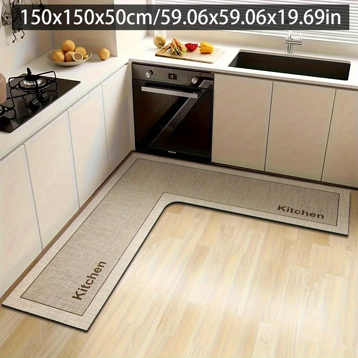 TEMU [ L-shaped And Mud ] Large Kitchen Mat With "kitchen" Text - Anti-slip Rubber Base, Striped And Solid , Super Absorbent And Easy To Clean Modern