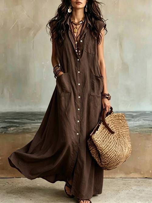 women retro bohemian a line button dress with collar sleeveless maxi dress suitable for beach vacations casual wear year round outfits machine washable solid color dress