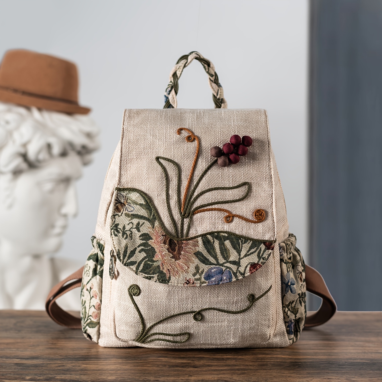 1pc (random Trimming) Bohemian Fashion Beaded Grape Large Double Shoulder Bag Multi-compartment Large Capacity Casual Backpack