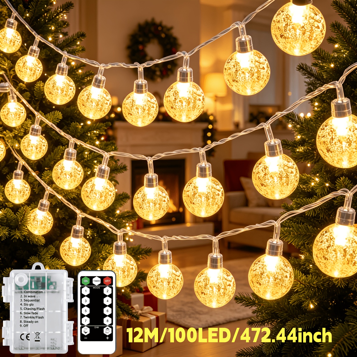TEMU guirlandes lumineuses sphériques à LED alimentées par boîtier de batterie, décorations LED intérieures et extérieures pour Noël, mariage, cour,