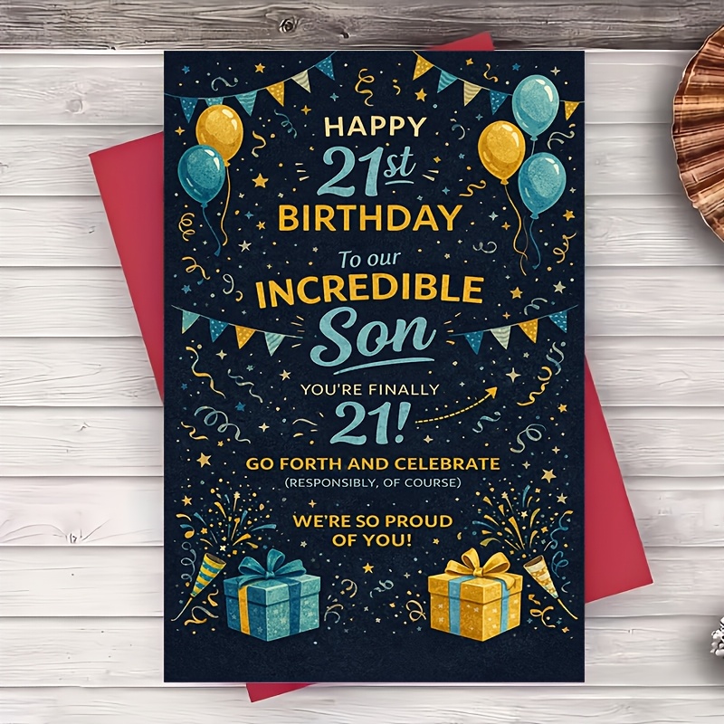 TEMU 1 Envelope And 1 Greeting Card 21st Birthday Card For Son From Parents Blue And Golden Balloons And Stars Celebration Theme Great For Party Gift