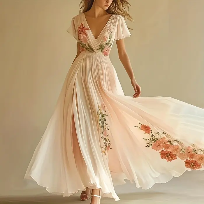 womens elegant floral print v neck maxi dress flowy a line formal casual gown soft pattern lightweight summer wedding party vacation outfit elegant evening dresses for women dresses for wedding guest vacation wear shimmering texture stylish women material adult women Product details 0