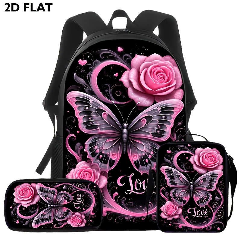 TEMU Set de 3 piezas de mochila escolar y bolsa para libros con estuche y bandolera, adecuado para femeninas, mochila de gran capacidad con