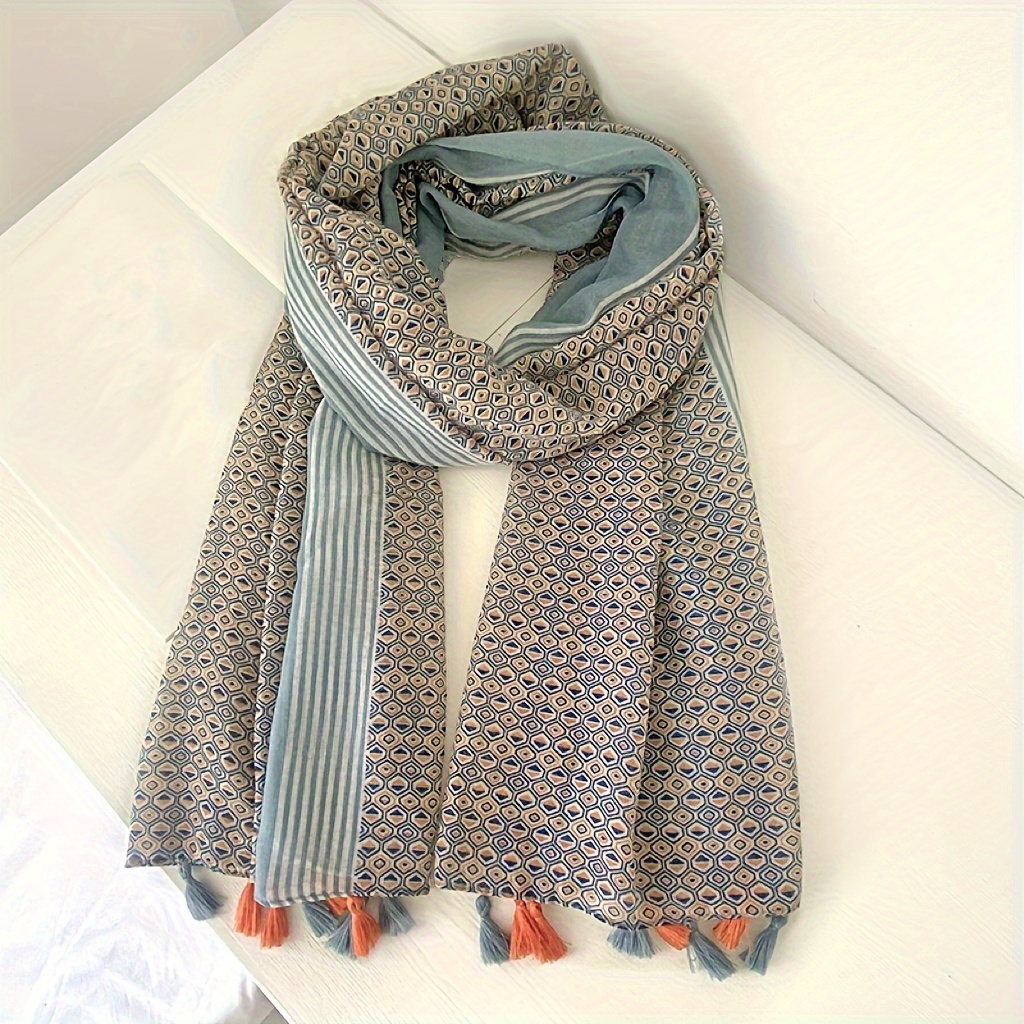 

Blue Striped Floral Print Scarf Thin Breathable Linen Shawl With Tassel Style Windproof Sunscreen Travel Scarf For Women