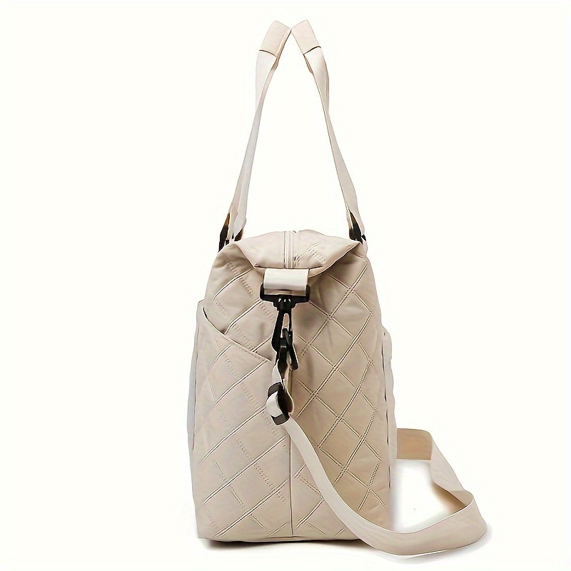 large capacity quilted travel duffel bag with rhombus pattern solid color overnight carry on tote with multiple storage pockets Product details 5