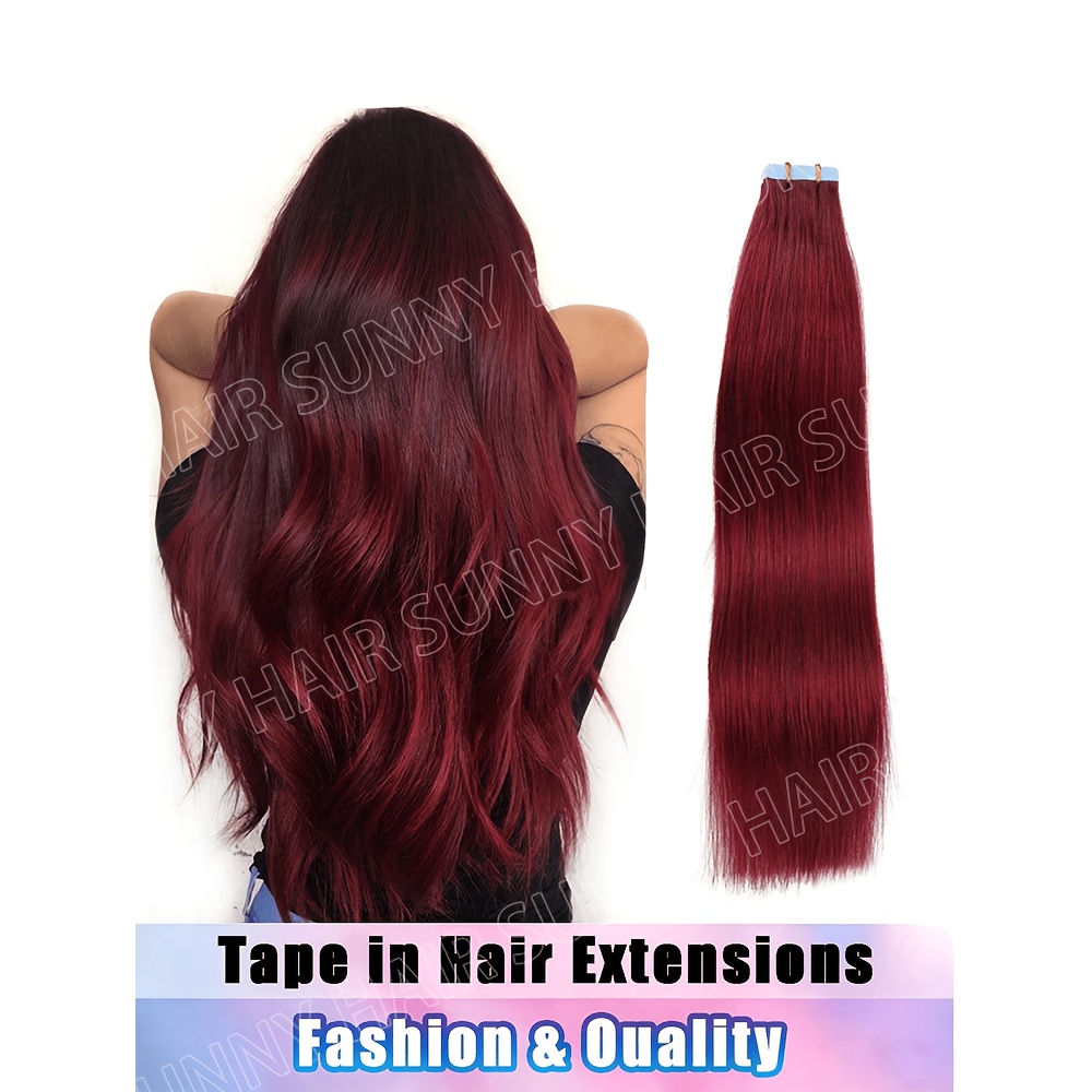 Image of Long Straight Burgundy Tape In Hair Extensions Human Hair 30g/bag Double Side Pu Weft Tape In Human Hair Extensions 99j Seamless Tape In Human Hair Extensions For Women