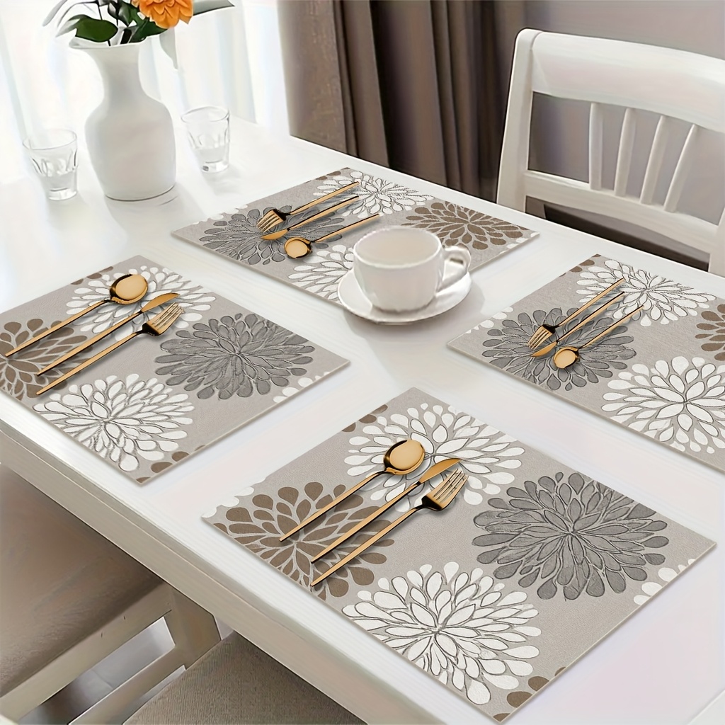TEMU 4pcs Of Linen Placemats, Suitable For Home Decoration And Party Tables. Modern Gray-brown Dahlias Pattern Wallpaper, With Abstract , Is Suitable