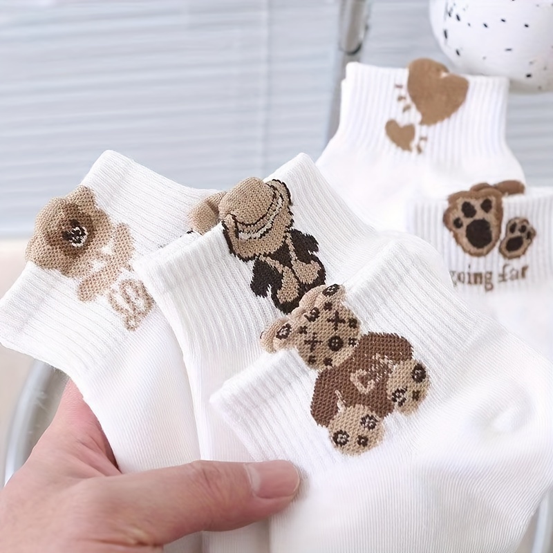 5 Pairs Cute 3D Cartoon Bear Socks, Comfy & Breathable Short Socks, Women's Stockings & Hosiery