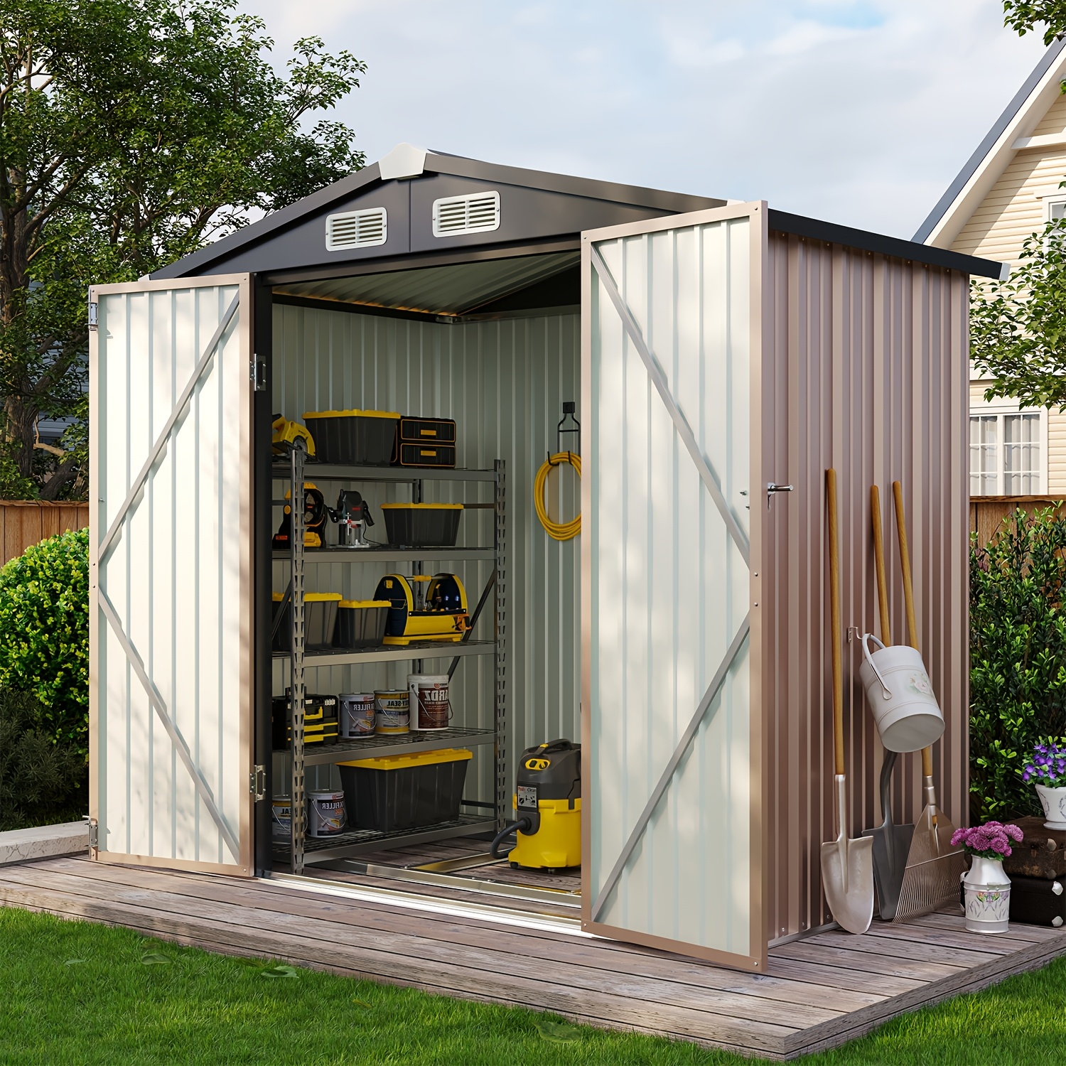 TEMU 6' X 4' Brown Metal Outdoor Storage Shed With Base Frame, Weather-resistant Steel Tool Shed With Lockable Doors For Garden, Patio, Backyard, And