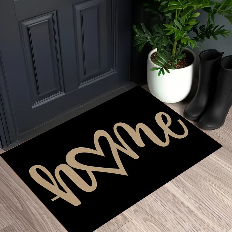 TEMU 1pc "welcome" Heart-shaped Doormat - Machine Washable, Black With Golden Calligraphy, Entryway, Kitchen, Living Room, And Bedroom Decor, Doormat