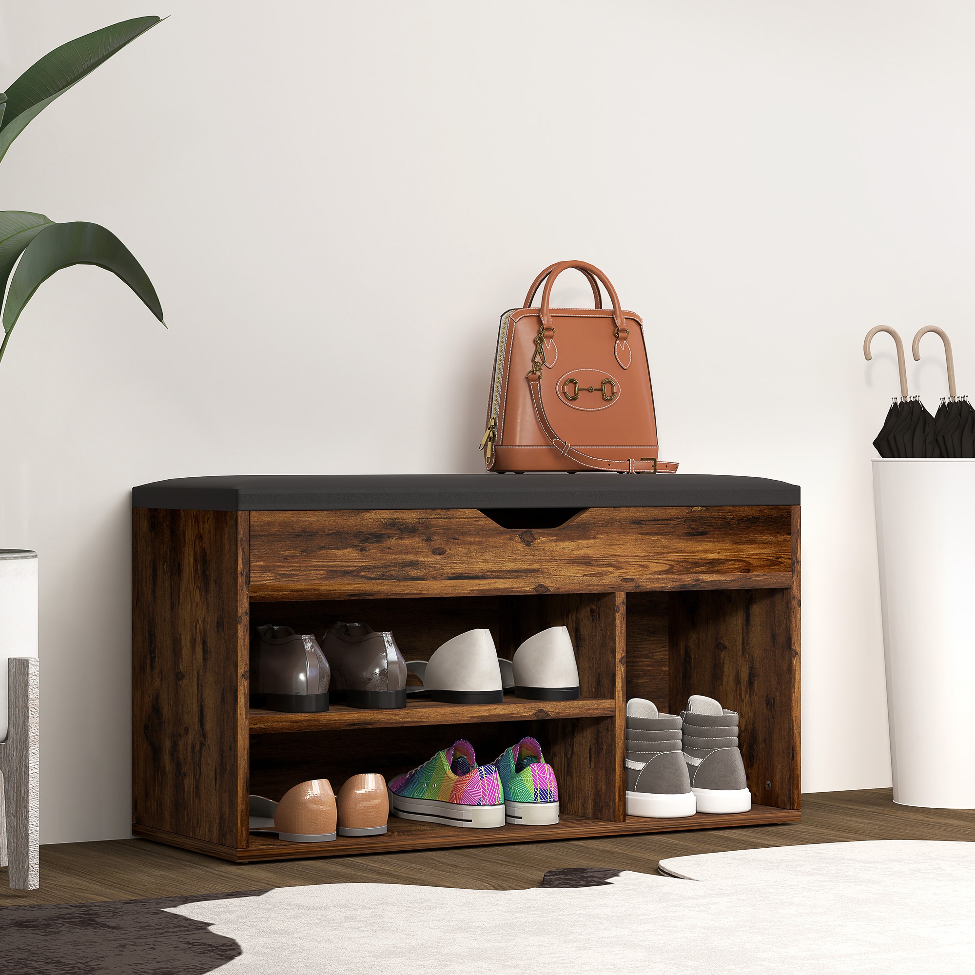 TEMU Banc à chaussures HOMCOM avec coussin rembourré pour entrée, marron rustique