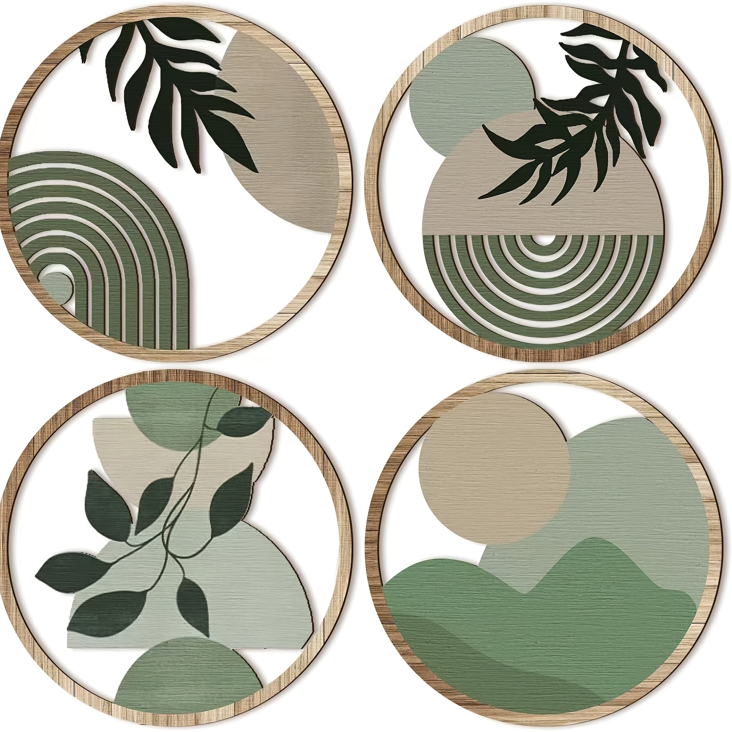 Image of 4pcs Bohemian Wooden Art Plant Flower Green Hanging Decoration Suitable For Pastoral Country Style Farmhouse, Room Bedroom Wall Hanging Fashionable Ornaments, Strong Ornamental Used As Gifts
