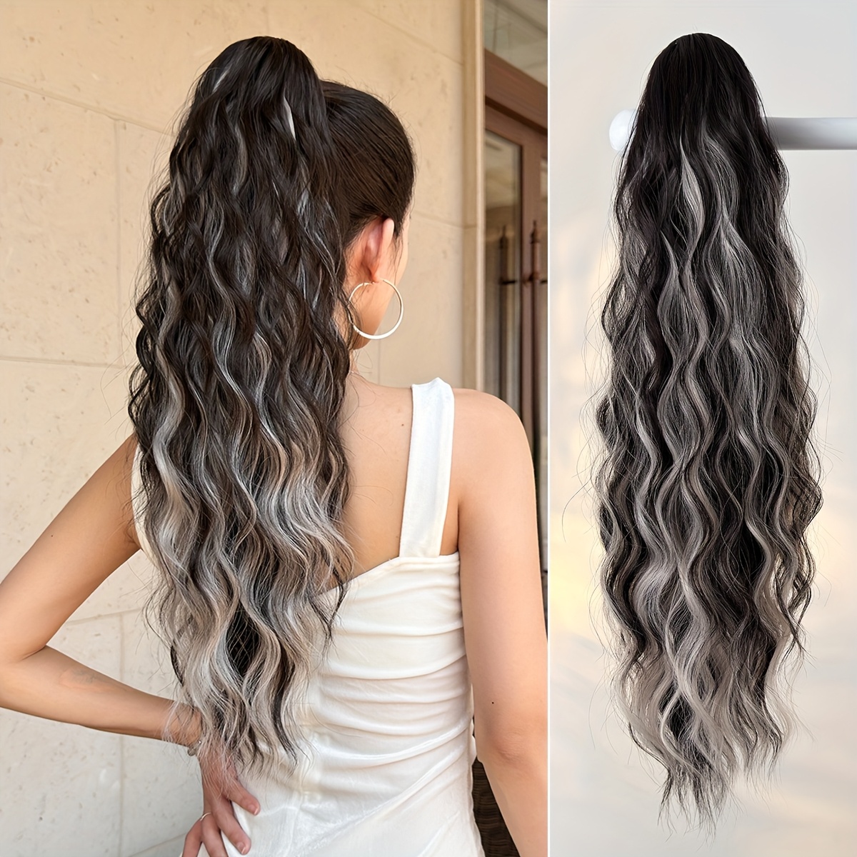 Image of Claw Ponytail Extension Hair Grey Highlight 24 Inch Long Water Wave Heat Resistant Fiber Synthetic Ponytail Hairpiece For Women Daily Use