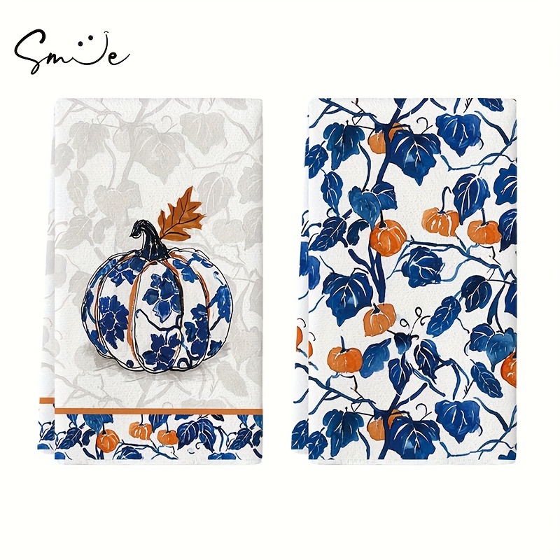 

Sm:)e Blue Pumpkin Fall Kitchen Towels Dish Towels, 18x26 Inch Autumn Floral Leaves Thanksgiving Decoration Hand Towels Set Of 2